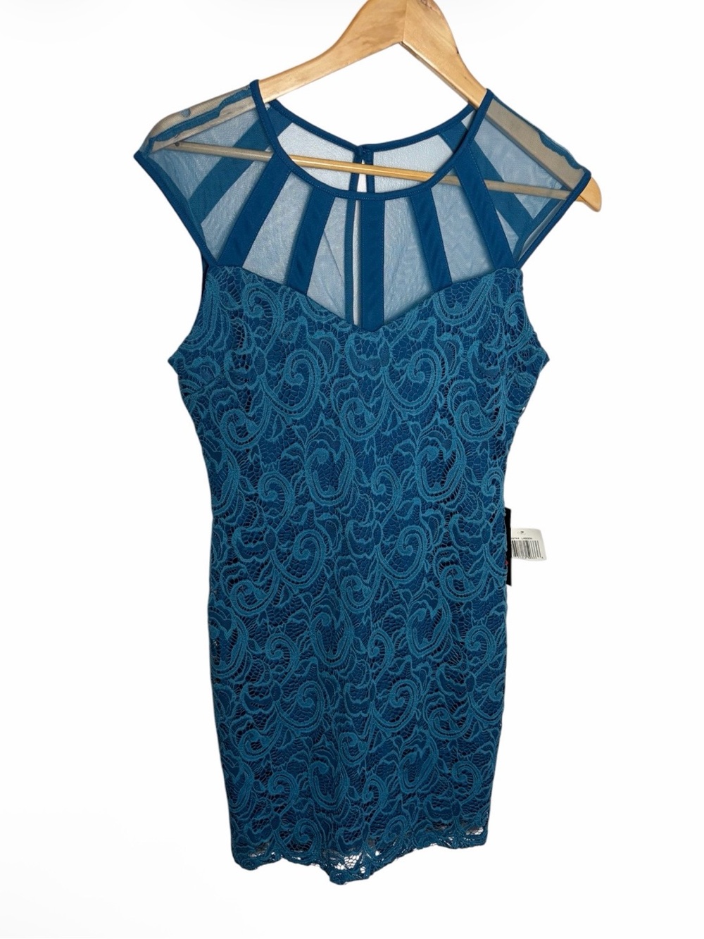 NWT Teeze Me Teal mesh collar lace bodycon nylon mini dress size 7/8